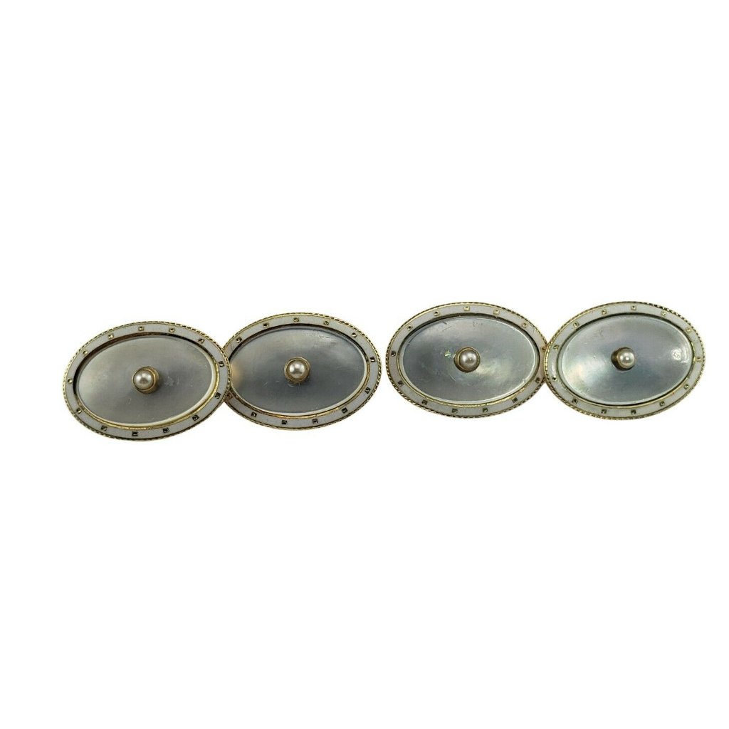 Vintage 14 Karat Yellow Gold Mother Of Pearl And Pearl Cufflinks 10206